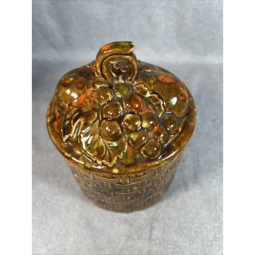 Basket Weave Flowers Grapes Peach Pear Fruit on Lid Ceramic Canister Dated 1974